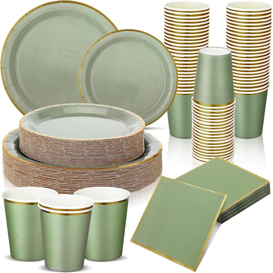 Dandat Sage Green Dinnerware Set - 200 Pcs, Party Supplies Including 50 7'' & 9'' Paper Plates, 50 Paper Cups & Napkins for Baby Shower, Wedding & More (Gold Rim)