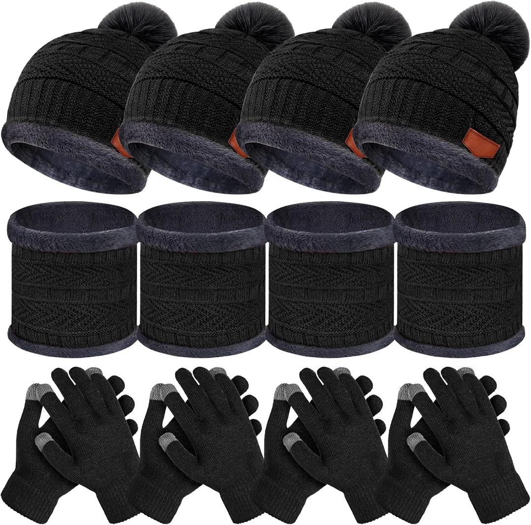 JaGely 12 Pieces Kids Winter Hat Glove Scarf Sets Thick Fleece Knitted Beanie Touchscreen Warmer Gaiter for Boys and Girls (Black)