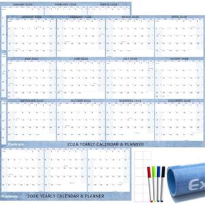 2026 Wall Calendar 32x48 in Soft Light Blue | Rolled to Prevent Creases, Versatile Horizontal/Vertical Layout | Large Wet & Dry Erase Planner with Adhesive Strips & Markers