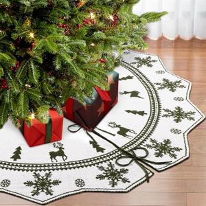 Christmas Tree Skirt 60 Inches, Knit Skirt for 7ft to 9ft Trees, Double-Sided Green and White Xmas Decoration for Indoor Holiday Party Farmhouse