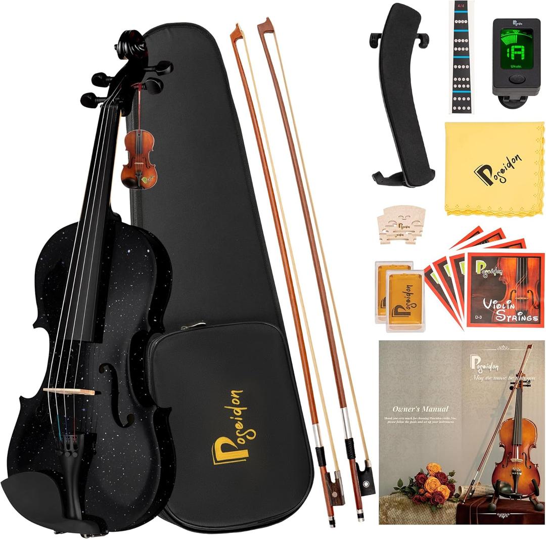 Poseidon Violin Set for Beginners Adult Student, 4/4 Violin Beginner w/Case, Extra Violin 4/4 Strings Set, Two Bows, Two Bridges, Two Rosins, Tuner, Manual - Black