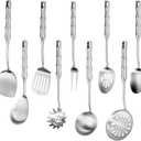 18 10 Stainless Steel Cooking Utensils Set,9pcs Kitchen Utensil Sets Metal 14 inch Long Heavy Duty Kitchen Tools Dishwasher Safe, Include Spatula Soup Ladle, Slotted Skimmer Spoon, Spaghetti