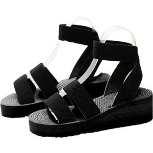 Women's Elastic Ankle Strap Platform Sandals Summer Open Toe Wedge Sandals Fashionable Beach Gladiator Sandals (8, Black)