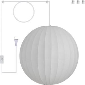 20in Plug in Hanging Lamp Large Lantern, White Imitation Silk | Oversize Globe Pendant Light Plug in Lantern Lamp Wabi Sabi Chandelier for Living Dinning Room Kitchen Island Bedroom 1 Pack