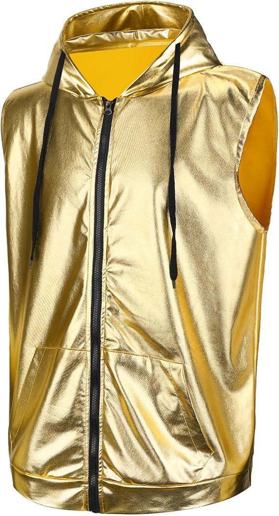 Sintege Men's Metallic Shirt 70s 80s Men Disco Outfit Metallic Hooded Tops Hoodie Shirts for Disco Party, Medium Size