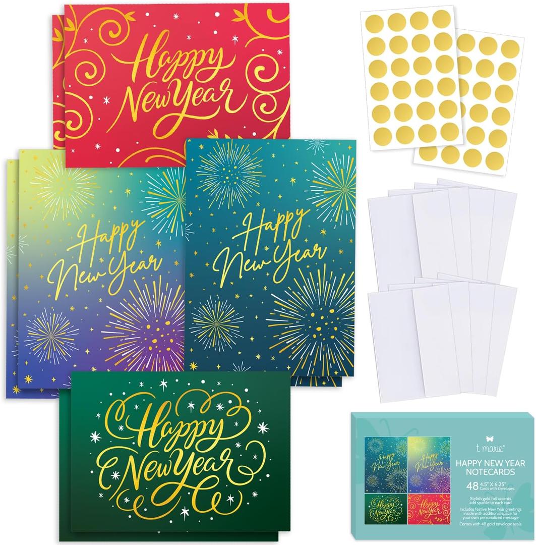 T MARIE 48 Gold Foil New Year Cards - Boxed Set with Envelopes and Gold Stickers - Assorted Designs with Messages Inside - 2025 Bulk Holiday Notecards for Wishing Happy New Year