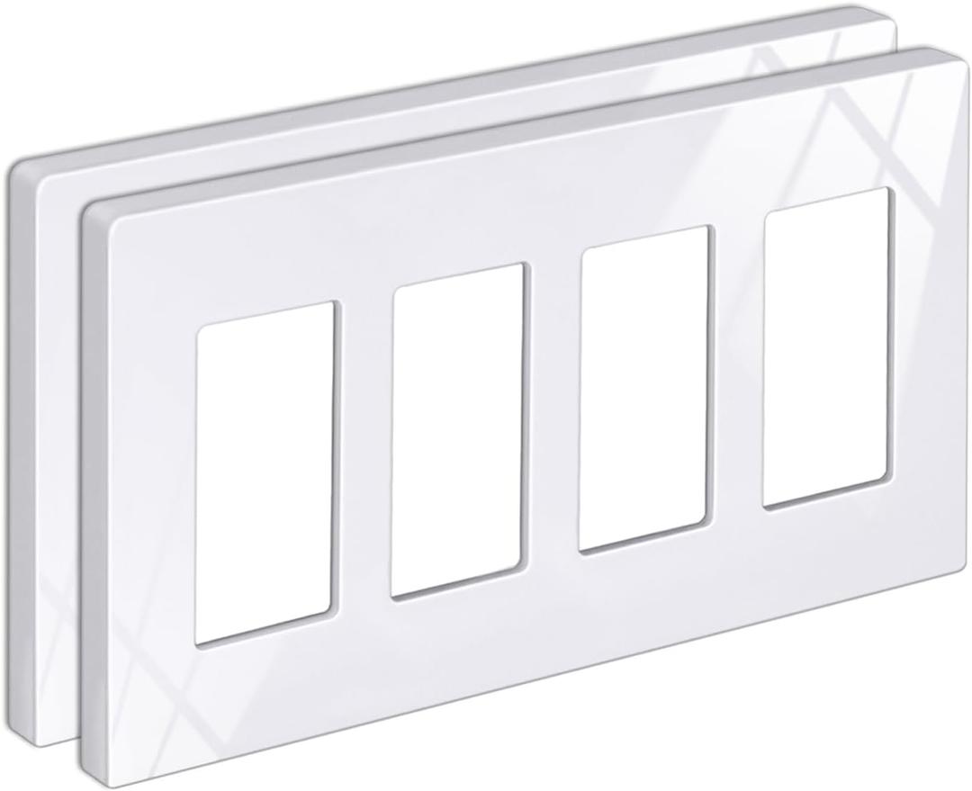 BESTTEN 2 Pack 4 Gang Screwless Decorator Wall Plate, USWP6 Gloss Snow White, Decor Switch Plate, Decorator Outlet Cover, Face Plate for Dimmer, GFCI, USB Receptacle, H4.69 x L8.35"