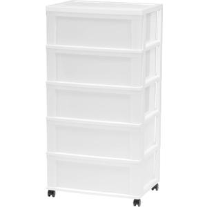 IRIS USA Plastic Drawer Storage Organizer Rolling Cart, with Wheels Casters, 5-Drawers, for Art Craft Supplies Bathroom Dorm Bedroom Laundry Room, Wide, White