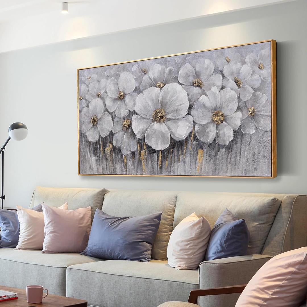 Flower Wall Decor White and Gray Floral With Golden Stamen Botanical Wall Art Framed Artwork for Walls Canvas Prints Painting for Living Room Bedroom Office Home Decor 29"x58"