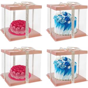 HOYA PONYOO 5 Pack Clear Cake Box Carrier 10" X 10" X 9" Cake Packaging Container with Ribbon Transparent Boxes with Lid Gift Package for Birthday Wedding Party, Pink
