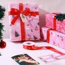 Tlenpo Christmas Wrapping Paper, with 16.4 Yd of Ribbon, Greeting Cards, Gift Tags & Stickers, 8 Sheets Xmas Gift Wrap Paper Suitable for Christmas Winter Holiday New Year Party Decoration, 19.6"  28.3" (Pink)