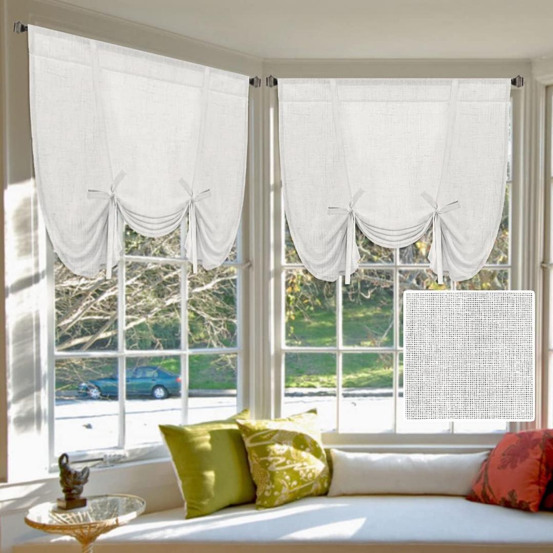 H.VERSAILTEX Tie Up Linen Curtains 63 Inch Length Nature Linen Textured Privacy Curtain Multi Hanging Ways Shade Balloon Window Shade Rod Pocket Casual Curtain - 42x63-2 Panels, Off White