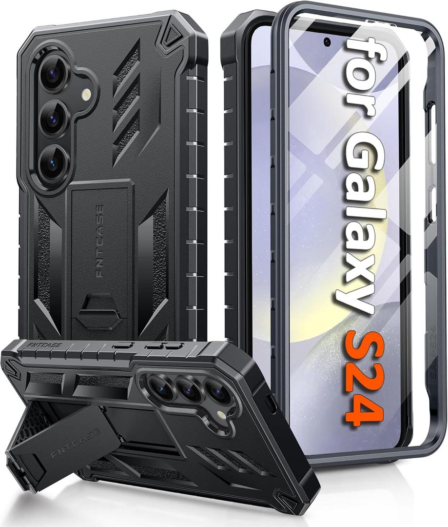 FNTCASE for Samsung Galaxy S24 Case: Military Shockproof Protective Phone Cover with Kickstand, Full-Body Drop Proof Protection Heavy Duty Durable Rugged Cases for S24 5G Black