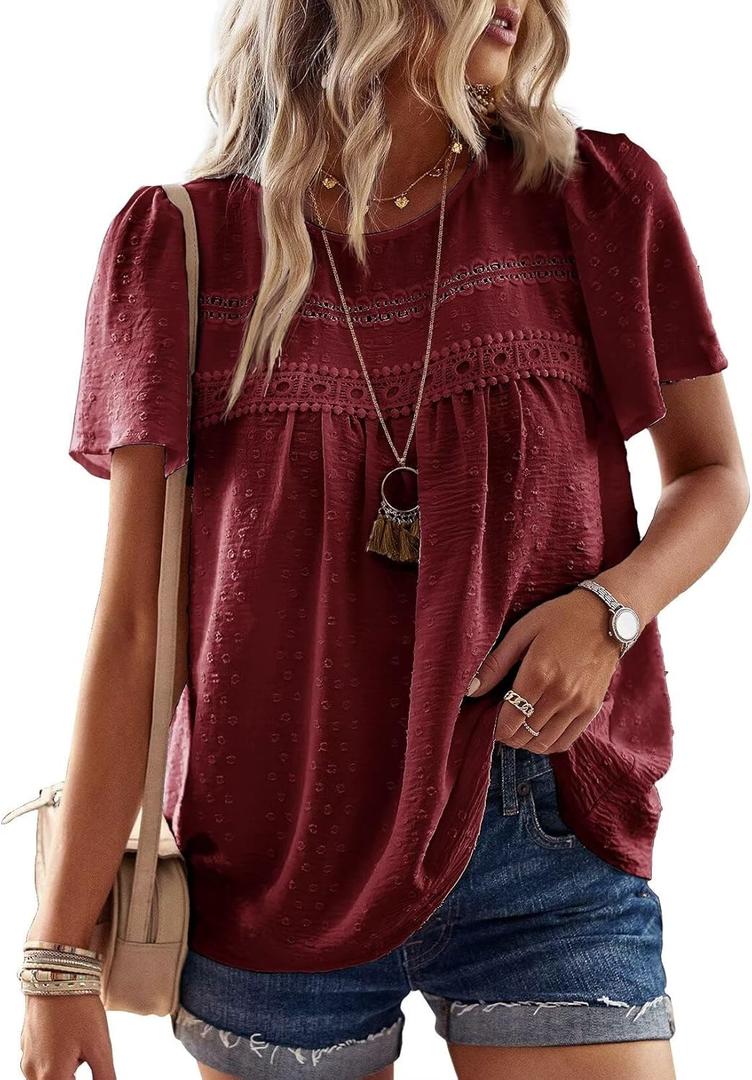 Womens Summer Tops Crewneck Short Sleeve Shirts Casual Chiffon Blouses Flowy Lace Hem Boho Clothing Trendy 2025 (Large, Burgundy)