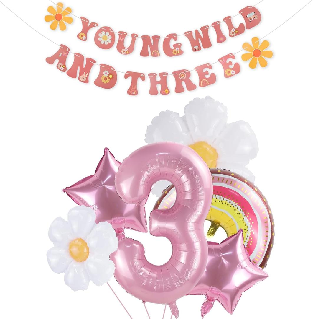 Young Wild and Three Decorations Girl Banner,3rd Birthday Party Decorations,Groovy Retro Hippie Boho Daisy Flower Rainbow And Pink Stars Foil Balloon For Birthday Party Supplies