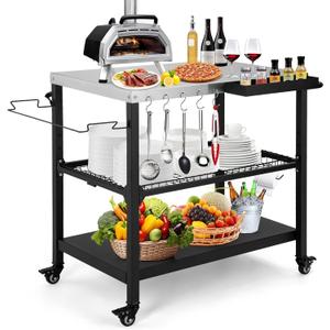 Outdoor Grill Cart,36 Inch Stainless Steel Pizza Oven Table with Lockable Wheels, Hooks & Adjustable Mesh, Metal Kitchen Cart Island, Black(36.2'' D x 19.6''W x 31.4''H)