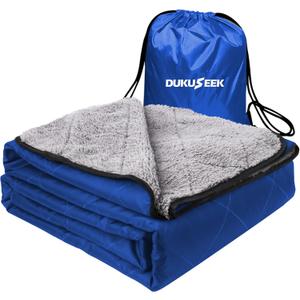 DUKUSEEK Sherpa Waterproof Outdoor Blanket, Large Sherpa Hooded Stadium Blankets for Cold Weather, Portable Wearable Camping Blankets for Concerts, Grass, Car, Boat, Pets, Sporting Events，79"x59"