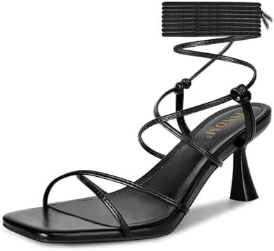 ISNOM Strappy Sandals for Women Kitten Heels Lace Up Heels Stiletto Heels Wrap Around Heels with Square Toe Size 6