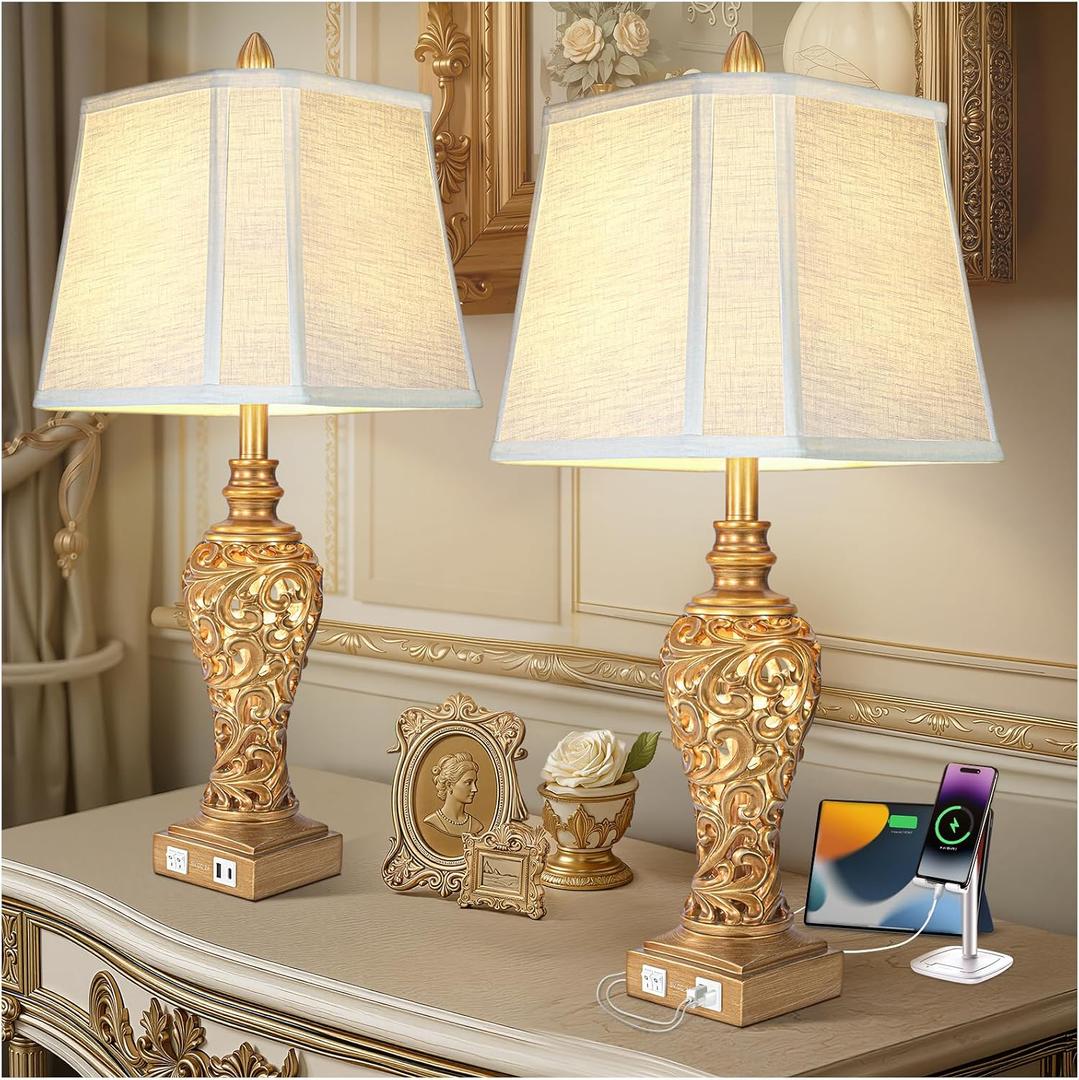 Vintage Table Lamps Set of 2, 28.5'' Tall Antique Gold Bedside Lamps with Fabric Shades, USB A+C Charging Ports & Night Light, Farmhouse Nightstand Lamps for Bedroom Living Room Office (Bulb Included)