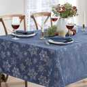 Newbridge Fancy Metallic Snowflake Christmas Fabric Tablecloth, 60 x 144 Inch Rectangle, Navy Silver, No-Iron Soil Resistant Sparkling Snowflakes Woven Holiday Table Cover