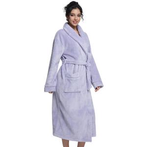 Womens Long Fleece Robe Soft Plush Robes for Women Warm Bathrobes Comfy House Coat Full-length with Pocket (L)