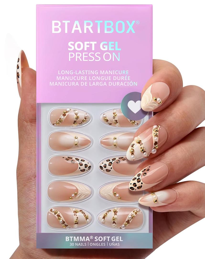 BTArtbox Press On Nails Almond - 3D Pearl Leopard Medium French Tip Press On Nails with Glue for Women, Opaque Soft Gel Glue On Nails in 15 Sizes - 30 Stick On Nails Kit, Cheeky Duo