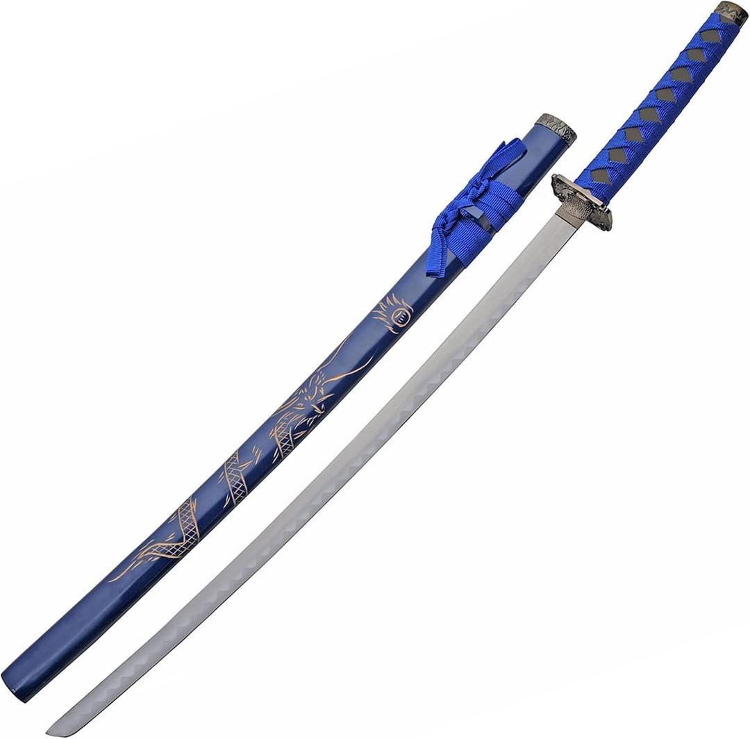 SZCO 40” Dragon Samurai Katana Sword, Carbon Steel Blade with Wooden Scabbard – Cord Wrapped Handle, Japanese Ninja Sword for Display, Martial Arts, Cosplay or Collection