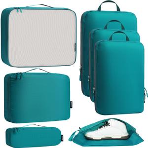 Bagail Ultralight Compression Cubes 7 Set - 3 Packing Cubes, 3 Organizers, and 1 Shoe Bag (The Teal)
