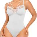 SHAPELLX Women's Shapewear Lace Bodysuit Tummy Control Body Suits Waist Sculpting V Neck Thong Corset Tops (3X-Large, A4-white)