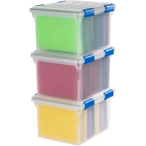 IRIS USA File Box, WeatherPro File Organizer for Letter/Legal File, Water Resistant Document Box, Plastic Gasket File Box With Tight Latch and Seal, Stackable Nestable, Clear/Blue 32 Qt. 3 Pack
