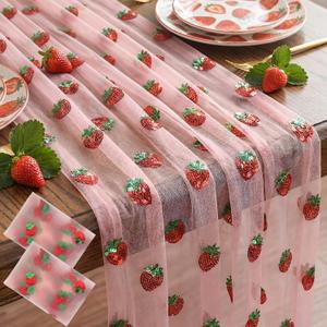2 x Tegeme 2 Pcs Strawberry Table Runner 26 x 70 Inches Sequin Glitter Tulle Table Runner Pink Sequin Embroidery Sheer Lace Birthday Decor for Summer Party Baby Shower Home Kitchen Wedding