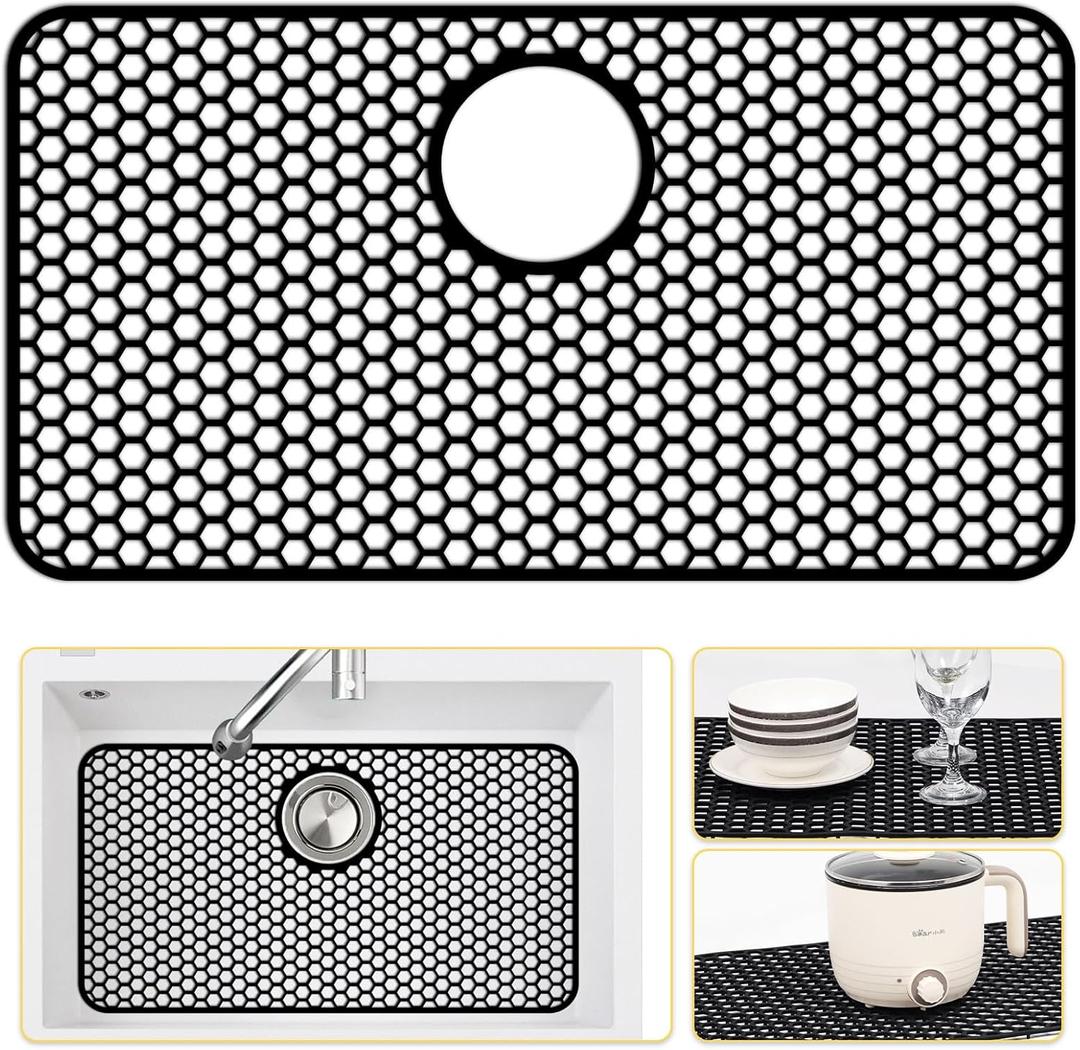 Silicone Sink Protectors for Kitchen Sink with Rear Drain - 26"x 14" Kitchen Protector Accessory, Non-Slip Heat Resistant Grid Mat for Bottom of Farmhous Stainless Steel (Rear Hole, Black)