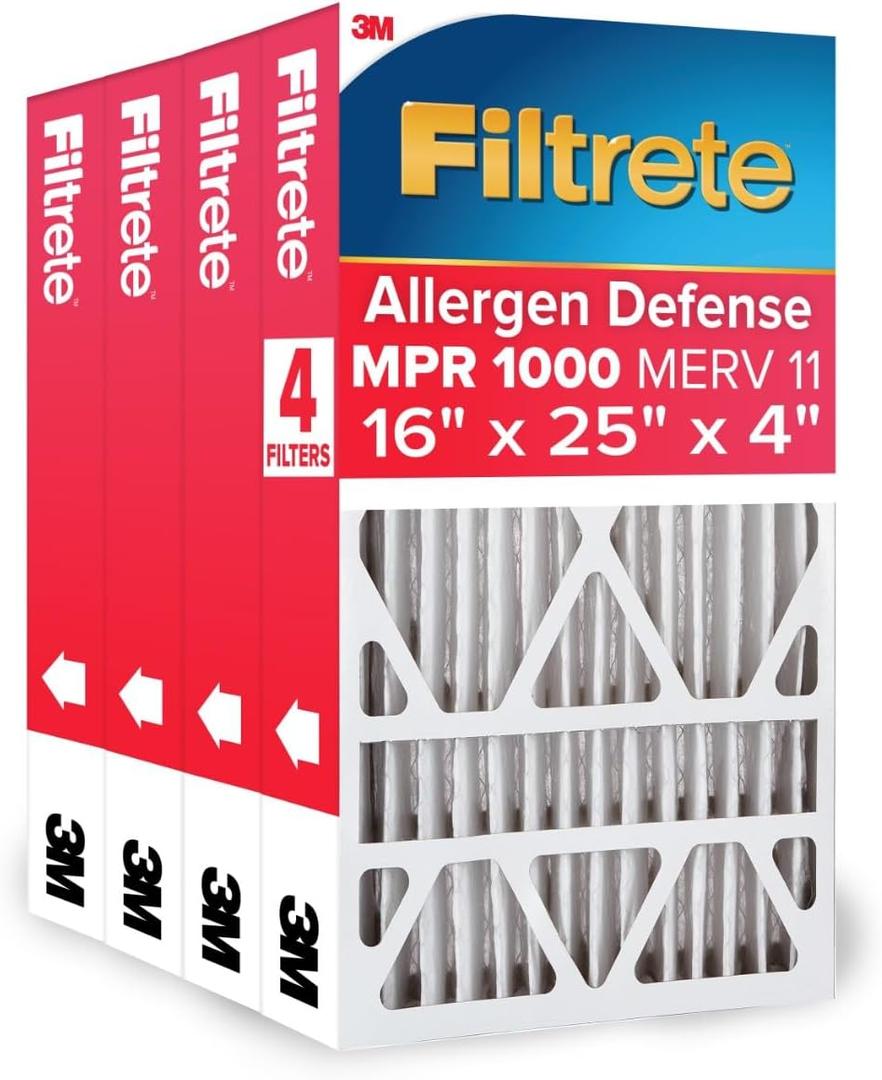 Filtrete 16x25x4 Air Filter MERV 11, MPR 1000 Micro Allergen Defense 4-Pack, Fits Lennox & Honeywell, AC Furnace HVAC Filters for Home, Pleated Electrostatic (Actual Size 15.88 x 24.56 x 4.31 in)