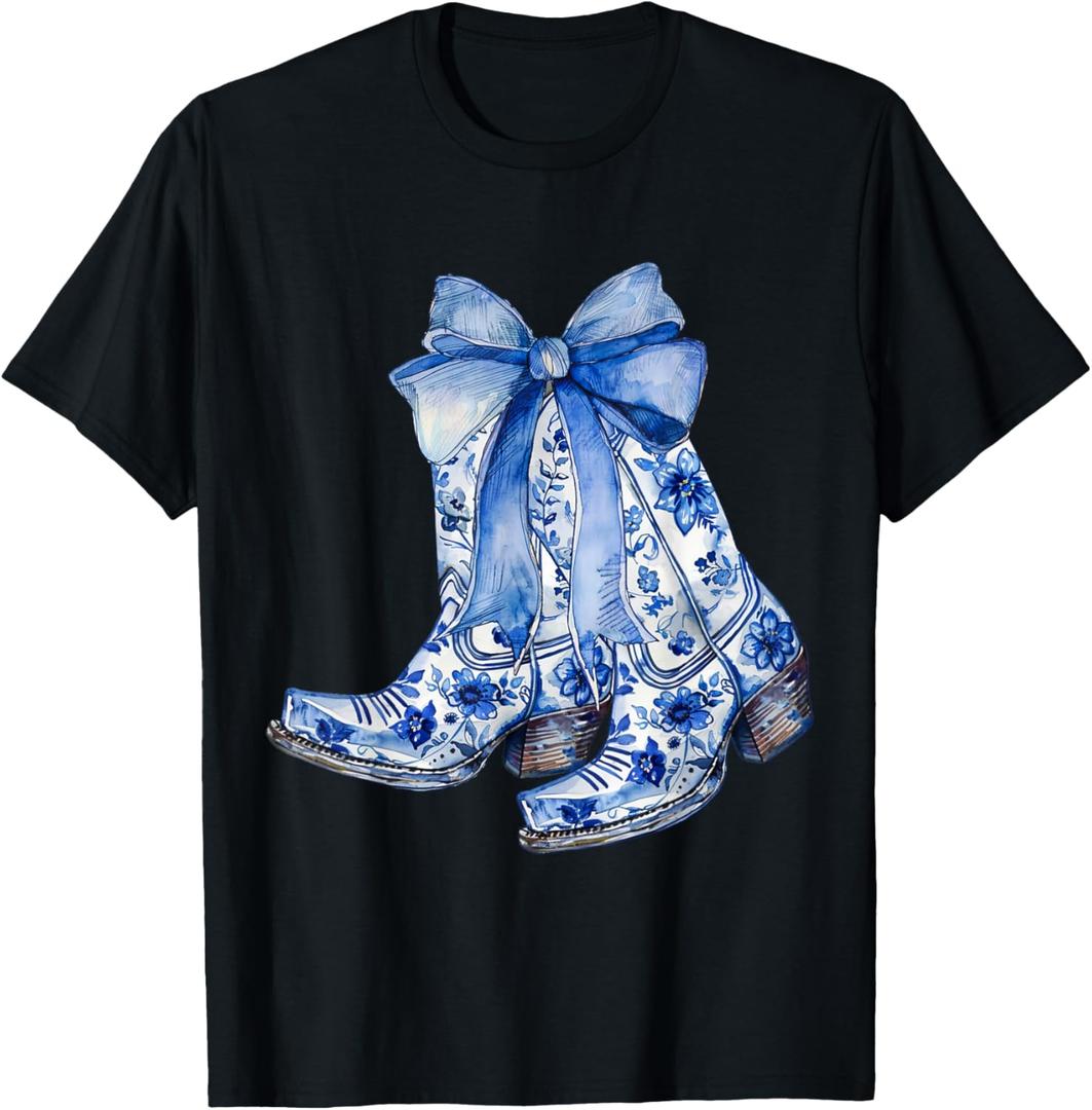 Coquette Blue Floral Boots Bow Cowboy Cowgirl T-Shirt (Small, Black)
