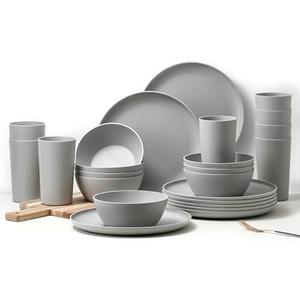YARRGGU 24-Piece Dinnerware Set, Service for 8, Unbreakable Plates and Bowls Set, BPA-Free, Dishwasher Safe, Gray Tableware for Kitchen, Party and Picnic