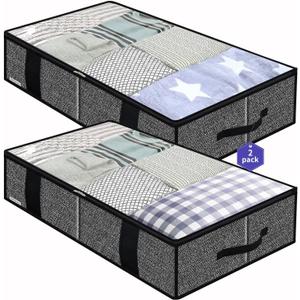 Onlyeasy Underbed Fabric Storage Bags Organizer with 4 Handles, 2 Zippers and Large Clear Window, for Clothes, Blankets, Bedding, Foldable with Sturdy Structure, 2 Pack, Linen-like Black, MXAUBBSS2P (Upgraded Firm Side Wall - Linen Like Black)