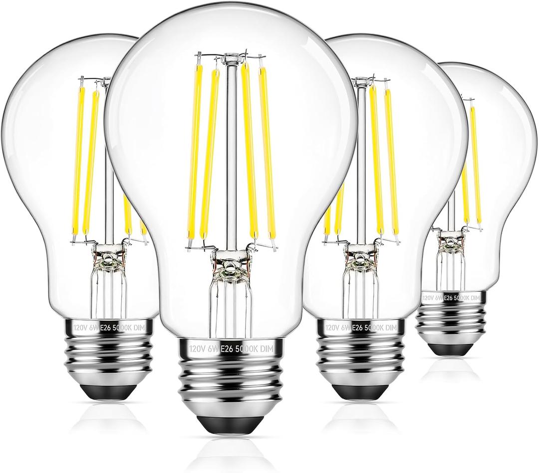 Dimmable A19 LED Filament Bulb 60W Equivalent, 6W Vintage Edison Light Bulbs 5000K Daylight White 850 LM, Clear Glass, E26 Base, 4 Pack