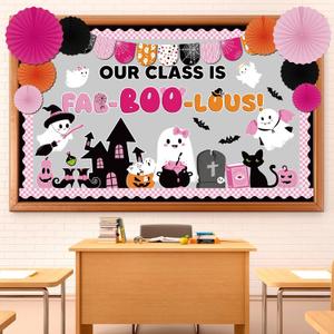 Pasimy 3D Halloween Bulletin Board Decorations Set Halloween Classroom Decor DIY Paper Fans Spooky Ghost Witch Pumpkin Cutouts Fall Border for Trick or Treat Home Office Wall Door Supplies(Classic)