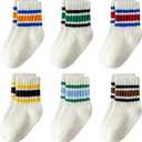 Toddler Non-Slip Socks,Unisex Baby Grip Crew Seamless Cotton Socks with Retro Stripe for Boys Girls Kids 6 Pairs (3-5T, Mixed-off White)