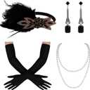 Wecoe 1920s Flapper Accessories Set for Women - 6Pcs Including Vintage Feather Headband, Pearl Necklace, Gloves & Earrings
