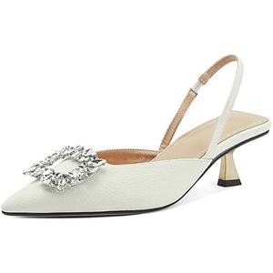 Vertundy Women's Slingback Kitten Heels Pointed Toe Rhinestones Stiletto Pumps (8, Beige)