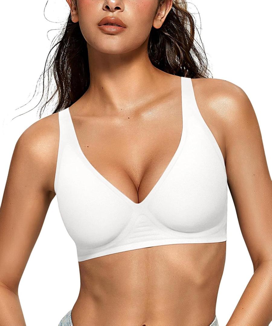 OEAK Womens Deep V Bras Wireless Comfortable Bra Supportive No Underwire Bras Tshirt Push Up Bralettes Plunge Seamless Bra (Medium, White)