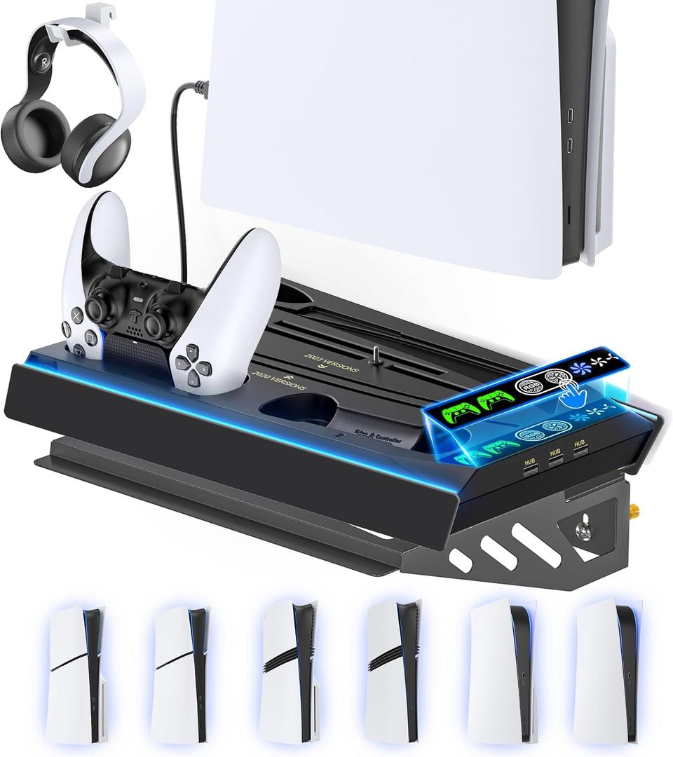 PS5 Wall Mount Kit with Charging Station for Edge & Dual Controller, 9 Light Modes PS5 Cooling Station with 3-Level Fan, PS5 Pro Stand Wall for PS5/Slim/Pro Disc&Digital, PS 5 Accessories Shelf Mount