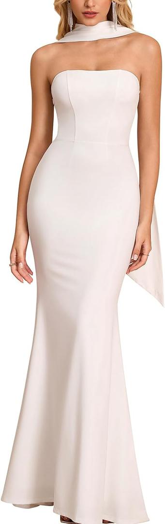 GLNEGE Women's Bodycon Formal Wedding Guest Maxi Dresses with Scarf Summer Strapless Elegant Cocktail Party Dress 2026 (White, L)