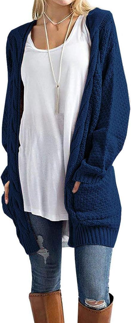 GRECERELLE Women's Loose Open Front Long Sleeve Chunky Knit Cable Cardigans Sweater with Pockets (Blue, S)