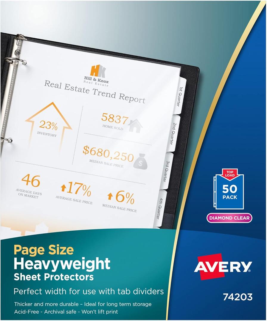 Avery Diamond Clear Page-Size Sheet Protectors, Pre-Punched for Use with Tab Dividers, Top Load, 50 Document Protectors (74203)