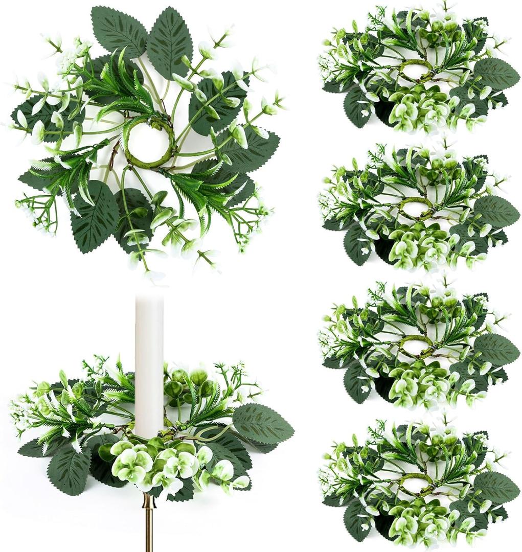 6 PCS Eucalyptus Taper Candle Rings Wreaths 1.38" Mini Spring Summer Floral Taper Candle Holder Wreaths Artificial Greenery Leaves Table Centerpieces Wreath for Farmhouse Home Candlesticks Decor
