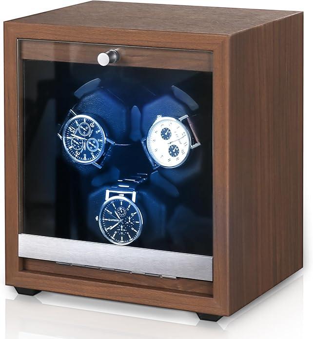 3 Watch Winder for Automatic Watches Wooden Automatic Watch Winder with Super Quiet Japanese Motor, 4 Rotation Mode, Blue LED Light, Memory Foam Pillows for Man & Woman