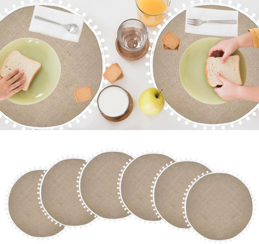 6 Pcs Round Jute Placemats with Fluffy Balls, Natural Burlap Place mats 15 inch Woven Placemats Farmhouse Rustic Boho Braided Heat Resistant Outdoor Placemat Patio Table Wedding Place Mats 6 Pcs Round Jute Placemats with Fluffy Balls, Natural Burlap Place mats 15 inch Woven Placemats Farmhouse Rustic Boho Braided Heat Resistant Outdoor Placemat Patio Table Wedding Place Mats