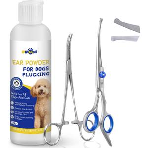 Dog Ear Hair Removal Kit - Ear Powder,Blunt Tip Grooming Scissors&Tweezers Set - Safe Hair Plucking Tool for Dogs,Ear Cleaner for Itching,Infection Treatment for Poodles, Doodles